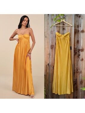 Golden Yellow Satin Plisse Strapless Pleated Maxi Dress 🌿